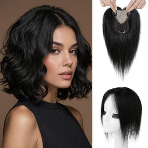 REECHO Human Hair Toppers for Women Real Human Thick Hair Topper Invisible Wiglett for Daily Wear Adding Instant Volume, Natural Black (3.6x4.6")