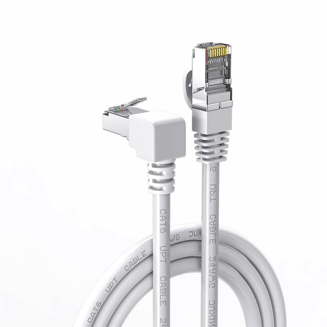 90 Degree Cat6 Ethernet Cable White Down/UP Right Angled CAT 6 Ethernet Patch Cables Gigabit Network Cord RJ45 90 Degree Adapter (Downward Angle, 10FT)