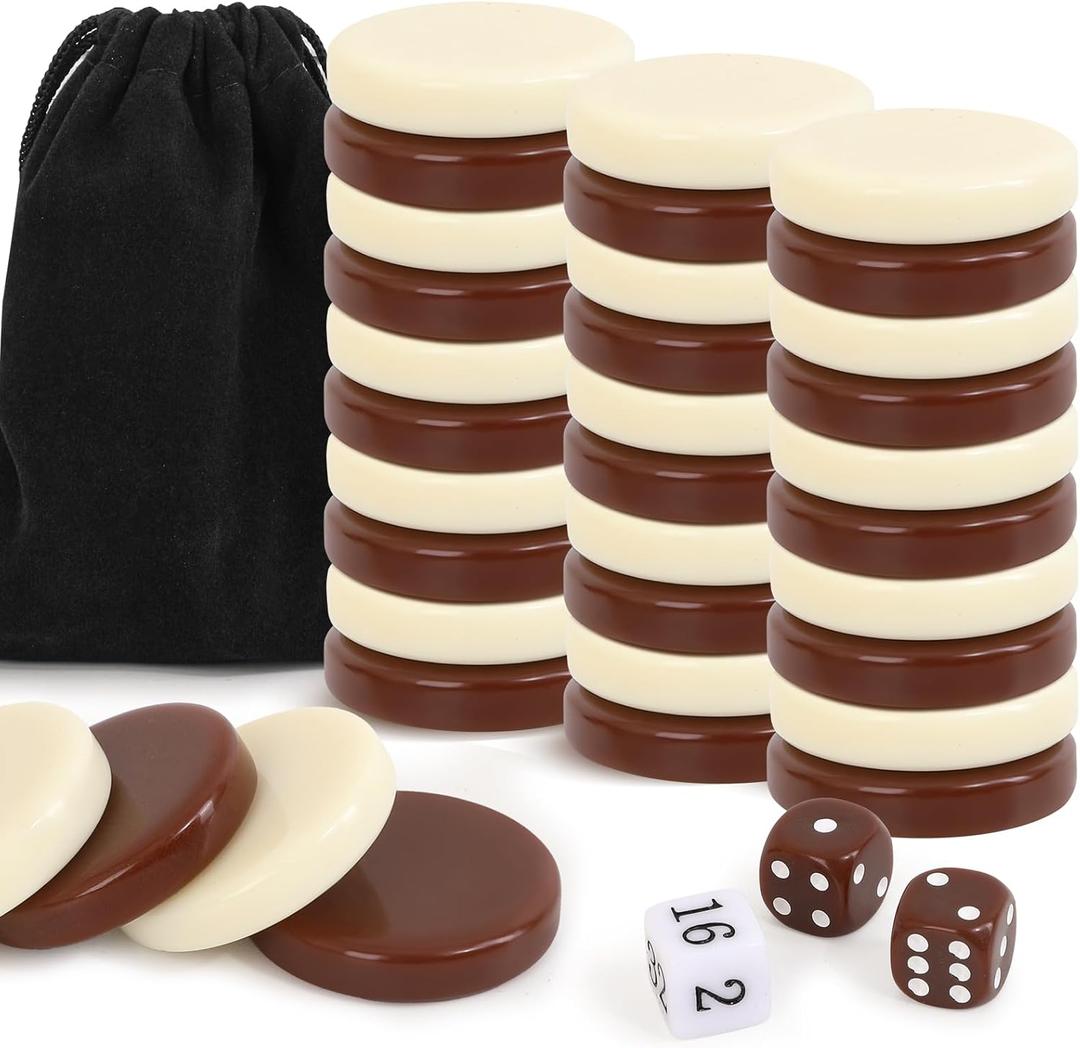 Premium Ceramic Game Pieces Set - 30 Versatile Pieces for Checkers, Chess Pieces only, Backgammon Pieces only, dice & More - Smooth Finish, Durable for Checkers Board Game (32MM, Brown and Off-white)
