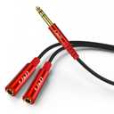J&D 1/4 Inch TRS Stereo Splitter Y Cable, 6.35 mm Male to Dual 6.35 mm Female Jacks, Quarter Inch Audio Splitter Cord, Gold Plated Connectors, Durable PVC & Copper Construction, Red, 1.6 feet