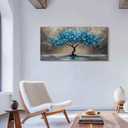 selatala Tree of Life Large Wall Art for Living Room 24"X48", Teal Blooming Flowers Canvas Wall Decor, Blue Nature Tree Abstract Painting Picture, Modern Office Bedroom Bathroom Farmhouse Decor