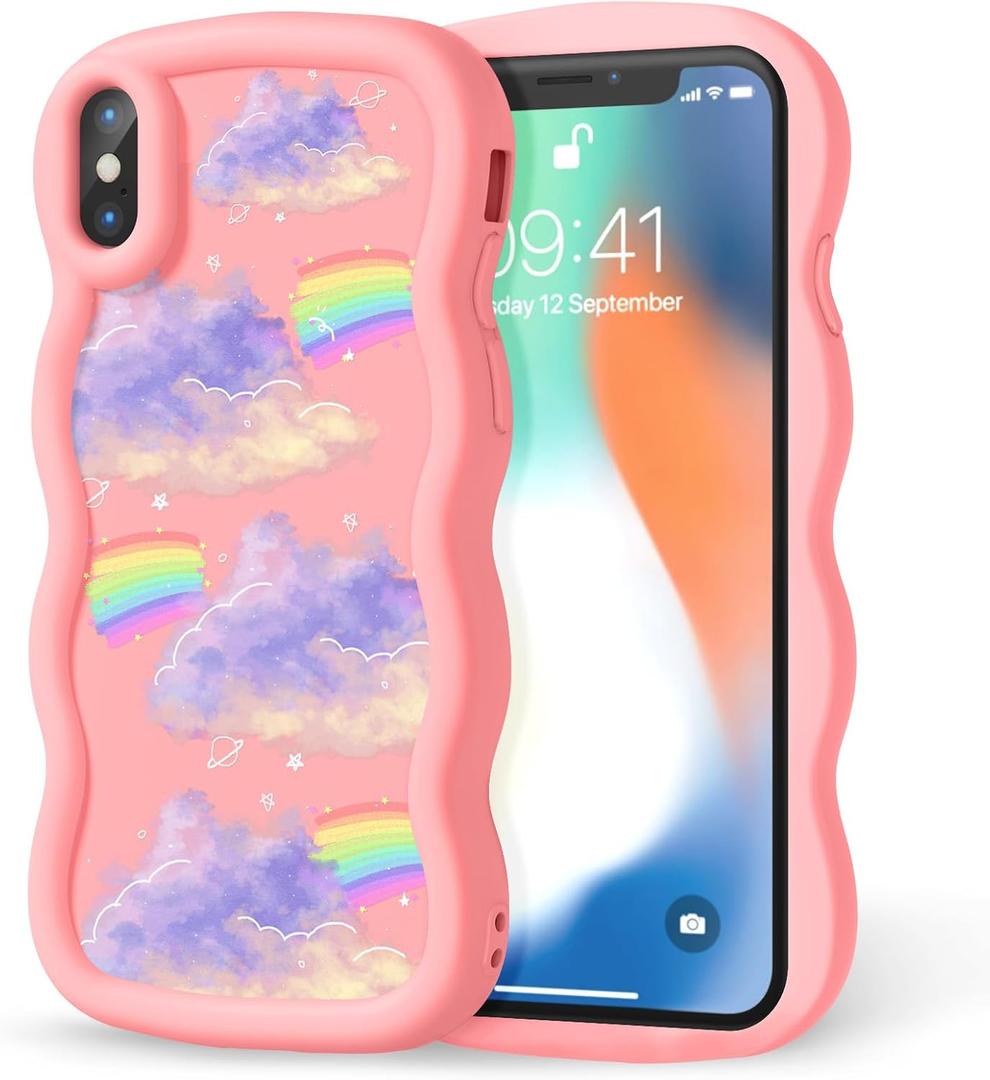 Compatible with iPhone Xs Max Case for Women Girls, Curly Wavy Frame with Cute Pattern, Aesthetic Slim Soft Silicone TPU Bumper Shockproof Phone Case for iPhone Xs Max - Galaxy Rainbow