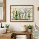 Framed Rustic Green Bathroom Wall Art Retro Green Flower Watercolor Bottles Canvas Painting Rustic Bathroom Picture Prints Farmhouse Country Floral Wall Decor for Bedroom Living Room Home Decoration, 24"L x 16"W