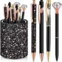 Sabary 8 Pcs Black Pens with Pen Holder for Desk Glitter Crystal Diamond Cute Ballpoint Fancy Pencil Holder Bling Desk Organizer for Women Girls School Office Supplies Wedding Graduation Gifts