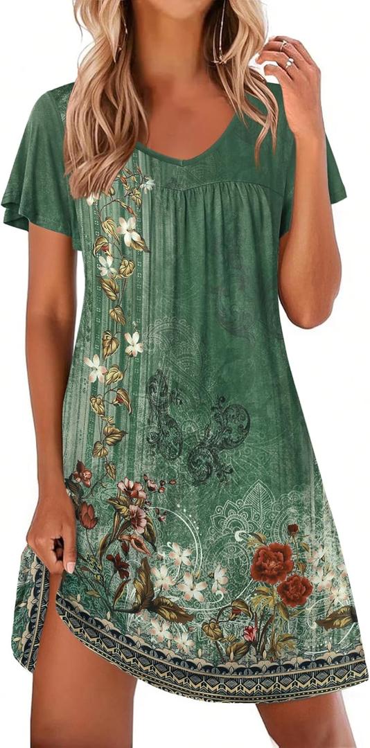 Ekouaer Nightgowns for Women Short Sleeve Sleep Shirts Pleated Night Dress V Neck Night Shirts Soft House Dress (Green, XXL)