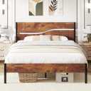 VECELO Full Size Bed Frame with Headboard Wood, Solid and Strong Metal Platform Support, No Box Spring Needed (Rustic Brown)