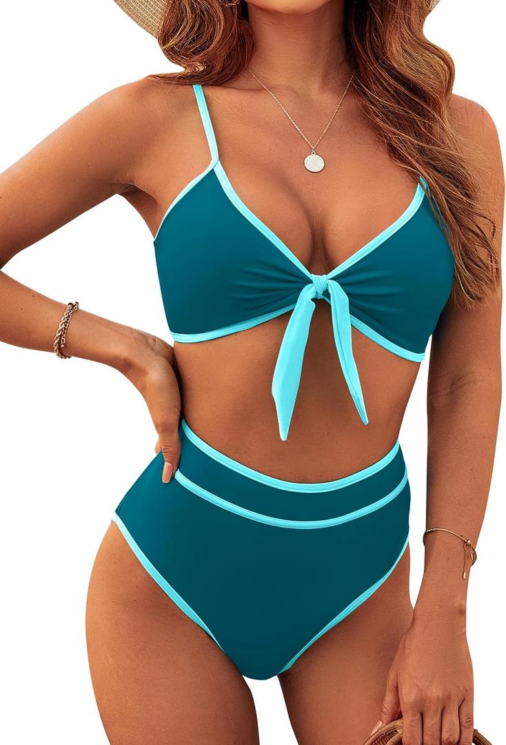 Blooming Jelly Women's High Waisted Bikini Set Tie Knot High Rise Two Piece Swimsuits Bathing Suits (Large, Blue Green42)