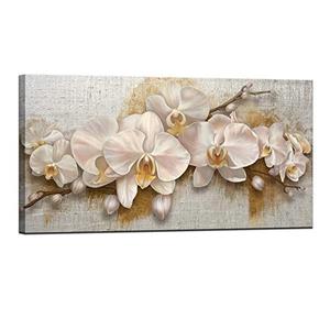 LevvArts Large Vintage Floral Canvas Wall Art White Orchid Flower Painting Artwork Beige Canvas Prints Framed for Farmhouse Living Room Office Decor 24x48 Inches