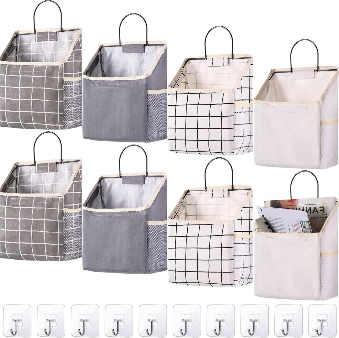 8 Packs Wall Hanging Storage Bag, Wall Storage Organizer Bags with Hooks, Over The Door Hanging Basket for Dormitory Bathroom Bedroom, Living Room Kitchen(Cute Color) (Grey, White, Gray Plaid and White Plaid)