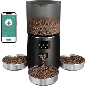 3-Cat Automatic Pet Feeder, 6L WiFi Cat Food Dispenser with APP Control, 1-10 Meal Programmable, Voice Recorder, Smart Alerts, Stainless Steel Bowls for Cats and Small Dogs (Black)