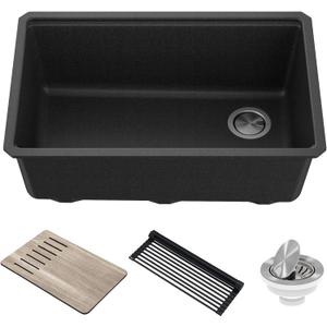 KRAUS Bellucci 30” in. Undermount Workstation Granite Kitchen Sink in Metallic Black with Accessories, KGUW2-30MBL, 29 Inch
