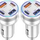 [2-Pack] Car Charger USB C, 4 in 1 65W Fast Charging 4-Port Dual USBC & USB A Car Phone Charger Cargador Carro Lighter Adapter for iPhone 17 16 15 14 13 12 Pro Max, iPad, Samsung,Tablet, Android (Silver)