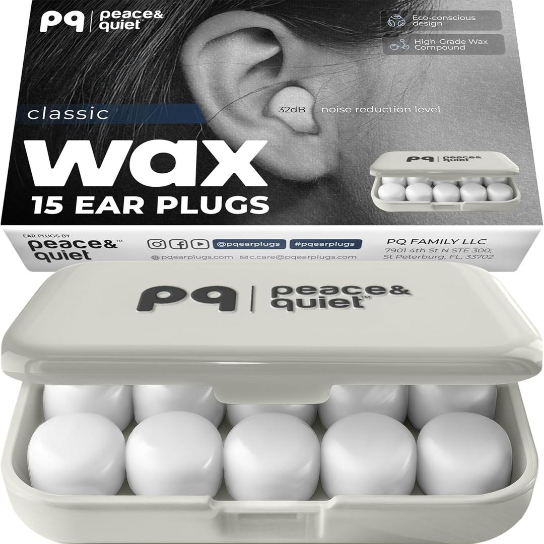 Peace&Quiet PQ Wax Ear Plugs for Sleeping, Swimming - 15 Soft Noise Cancelling Silicone Gel Wax Earplugs for Sleep and Swimmers, Ear Protection with Sound Blocking Level of 32 Db, (15-Pillows) (Classic)