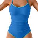 Eomenie Women's One Piece Swimsuit Tummy Control Slimming Bathing Suit Ruched Swimwear Tie Back Shell Stitch Swim Suit (Medium, Blue)