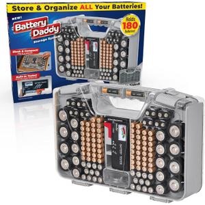 Battery Daddy Storage & Organizer Case w/Tester, Stores & Protects Up to 180 Batteries, Double-Sided, Clear Locking Lid, Secure Latches & Portable Carrying Handle- Warm Grey (Batteries Not Included)