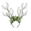 MOSTORY Handmade Green Branch Crown Woodland Flower Headband Forest Antler Headpiece Floral Fairy Hairband for Women Girls Renfaire Elf Cosplay Halloween Party