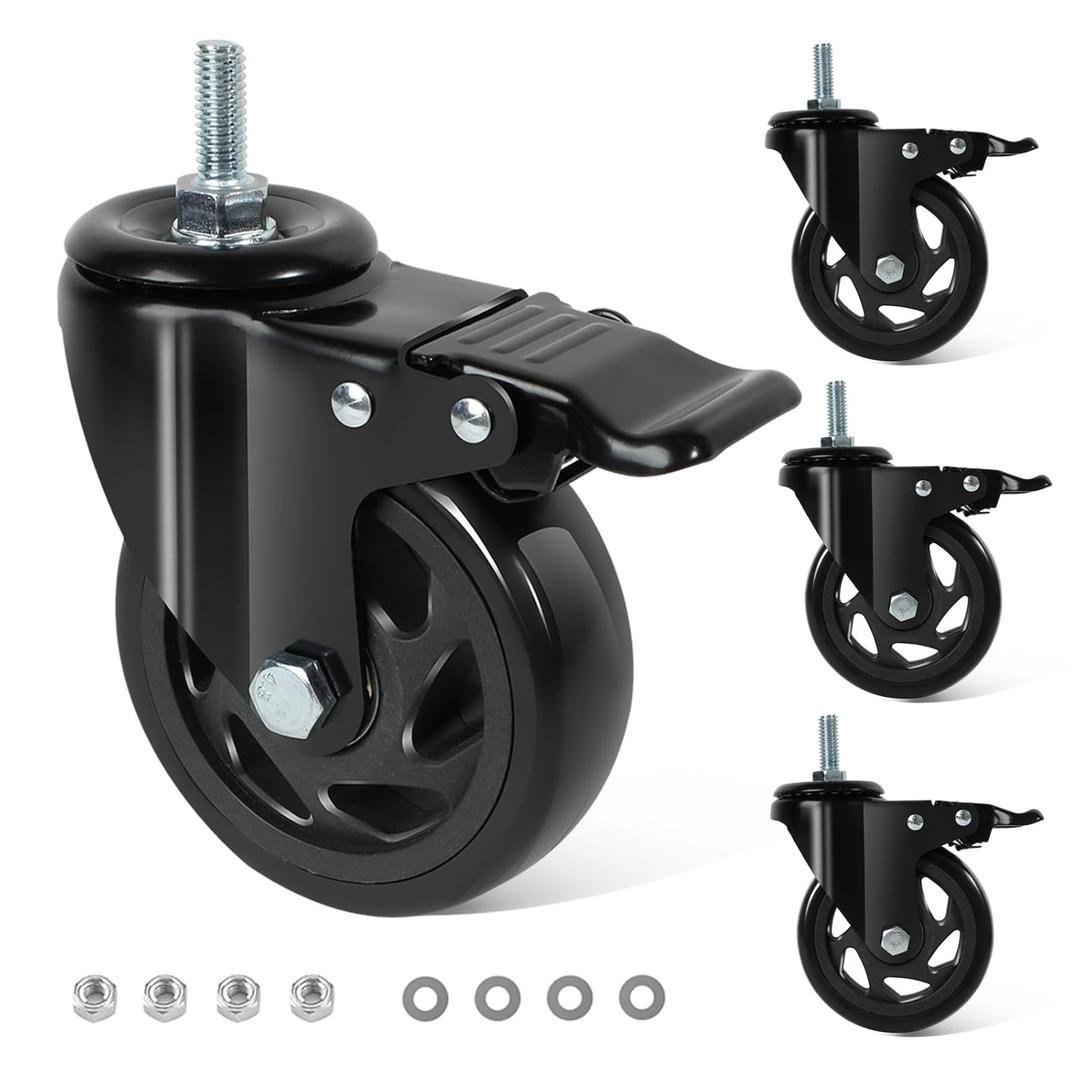 Caster Wheels 4 Inch, Swivel Threaded Stem Casters Set of 4 Heavy Duty 2000lbs, 3/8" -16 x 1 (Stem Diameter 3/8", Stem Length 1") Locking Casters Wheels Black