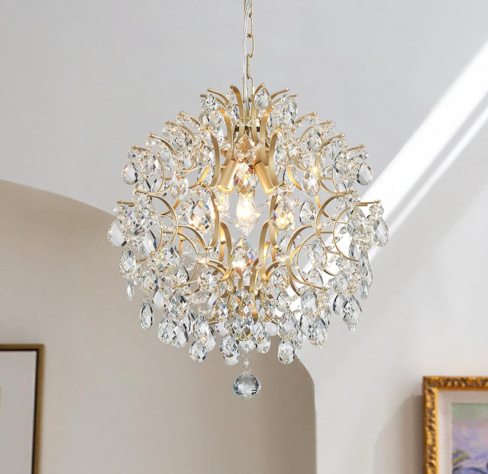 Bestier Modern Gold Pendant Chandelier Crystal Raindrop Lighting Ceiling Light Fixture Lamp for Dining Room Bathroom Bedroom Livingroom entryway 3 E12 Bulbs Required D16 in x H18 in