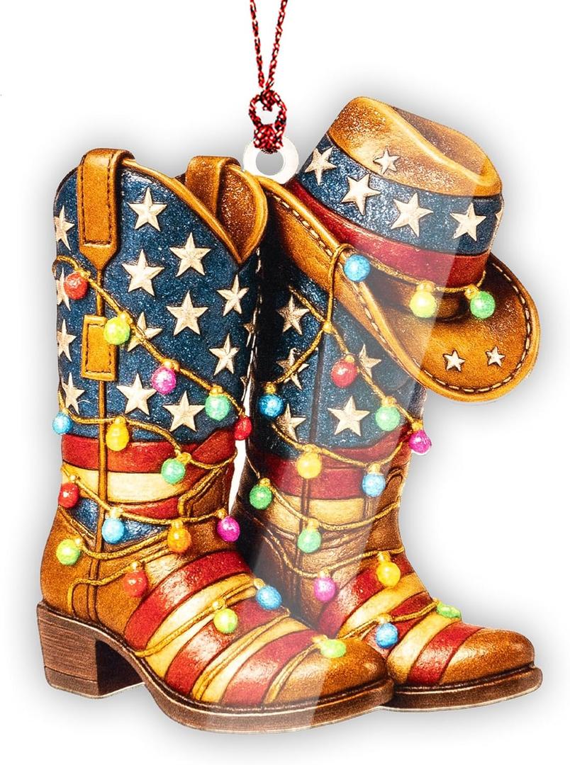 3 x Cowboy Christmas Ornament 2026, Western Cow Decor for Xmas Tree, Texas Country Decoration, Cowboy Boot Hat Ornament Gift