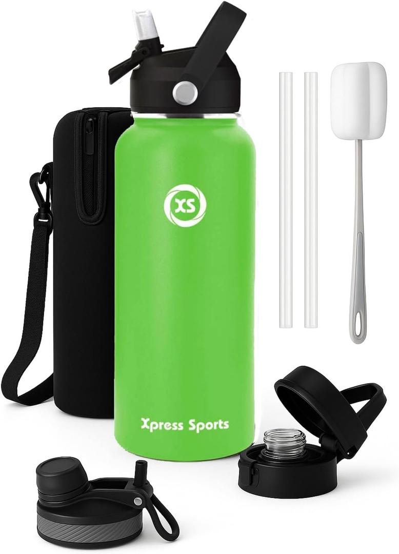 Insulated Water Bottle with Straw | 32oz Stainless Steel Metal Vacuum Water Flask in 3 color's | Leakproof Sports Bottle with 3 Lids & Protective Sleeve | 24hr Cold/12hr Hot (Green)