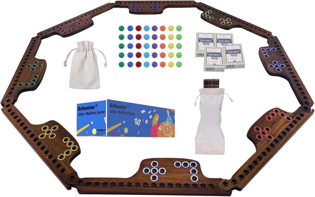 Marbles and Jokers Board Game Pegs and Jokers Real Solid Wood (Pine) Game Board Wooden for 2-8 Players 8 Game Boards 8 Colors 40 Marbles 4 Boxes Card(Vintage Flame), 14.17x4.7x0.6 Inches