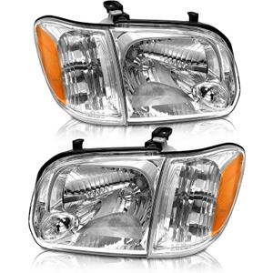 AS Headlight Assembly Compatible with2005 2006 Toyota Tundra Double/Crew Cab and 200-2007 Sequoia Headlamp Chrome Housing Driver and Passenger Side(Not compatible with Regular Cab and Access Cab) (Chrome Housing Amber Reflector Clear Lens)