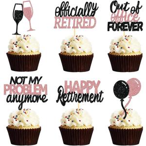 24 Pcs Happy Retirement Cupcake Toppers Officially Retired Cupcake Picks, Out Of Office Forever Retirement Theme Cake Toppers Decorations for Farewell Party Cakes (Black&Rose Gold)