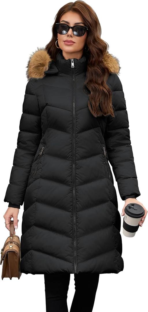 PAPILLON D'OR WEAR YOUR WINGS Women's Long Puffer Coat with Detachable Faux Fur Collar Hood Pockets Winter Jacket, XL