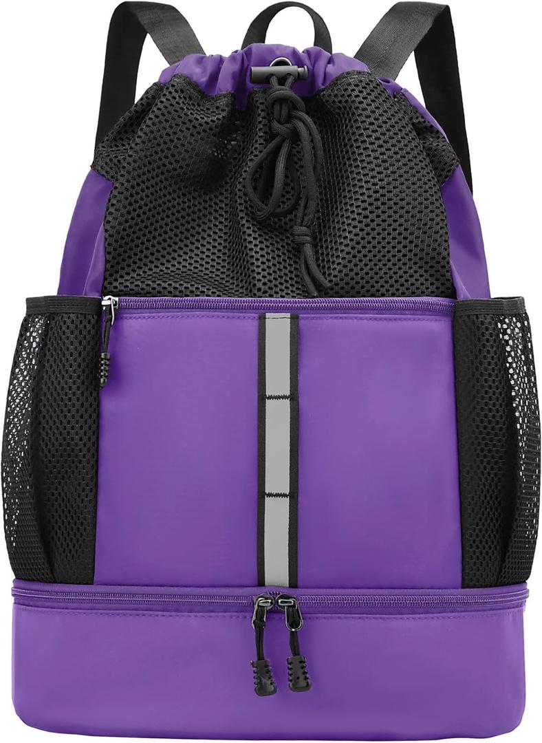 PinCute Drawstring Gym Bag for Men/Women - Mesh Beach Swim Bags Sports Backpack with Wet Pocket&Shoe Compartment, Lightweight (Purple)