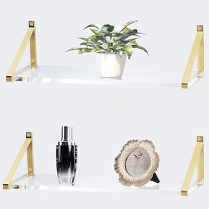 KDCMXS Sturdy Large 25×5.9 inch Thicker 2/5"(10mm) Crystal-Clear Acrylic Gold Shelves for Wall,Gold Floating Shelves,Clear Shelves for Wall Décor, Bathroom,Bedroom Pack of 2