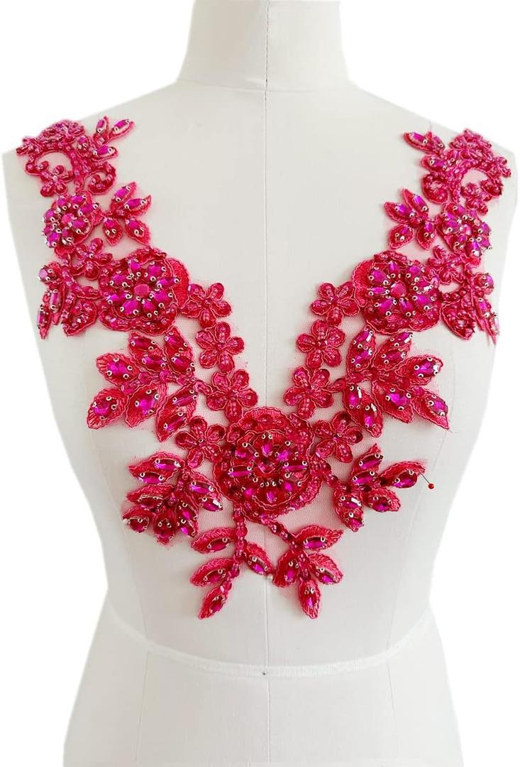Handmade Rhinestones lace Applique Hand Sewing Beads Trim Patches Accessories for Dress Neckline (Rose red)