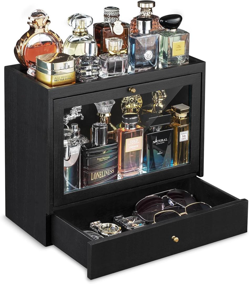 Emfogo Cologne Organizer for Men, Solid Wood Perfumes Organizer for Men Dresser, Large Capacity Dustproof Cologne Holder with Drawer Storage Perfume Stand Organizer, Ideal Gift for Loved ones