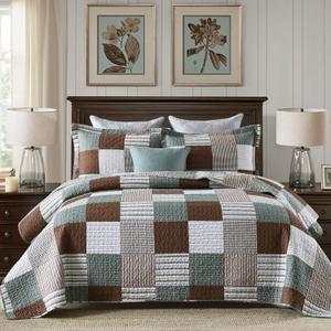 Finlonte Quilts Queen Size - 100% Cotton Queen Comforter Set Brown Green White Plaid Farmhouse Quilt Bedding Set, Reversible Lightweight Soft Bedspread, Quilted Coverlet All-Season, 3-Piece (Queen (90"x98"))