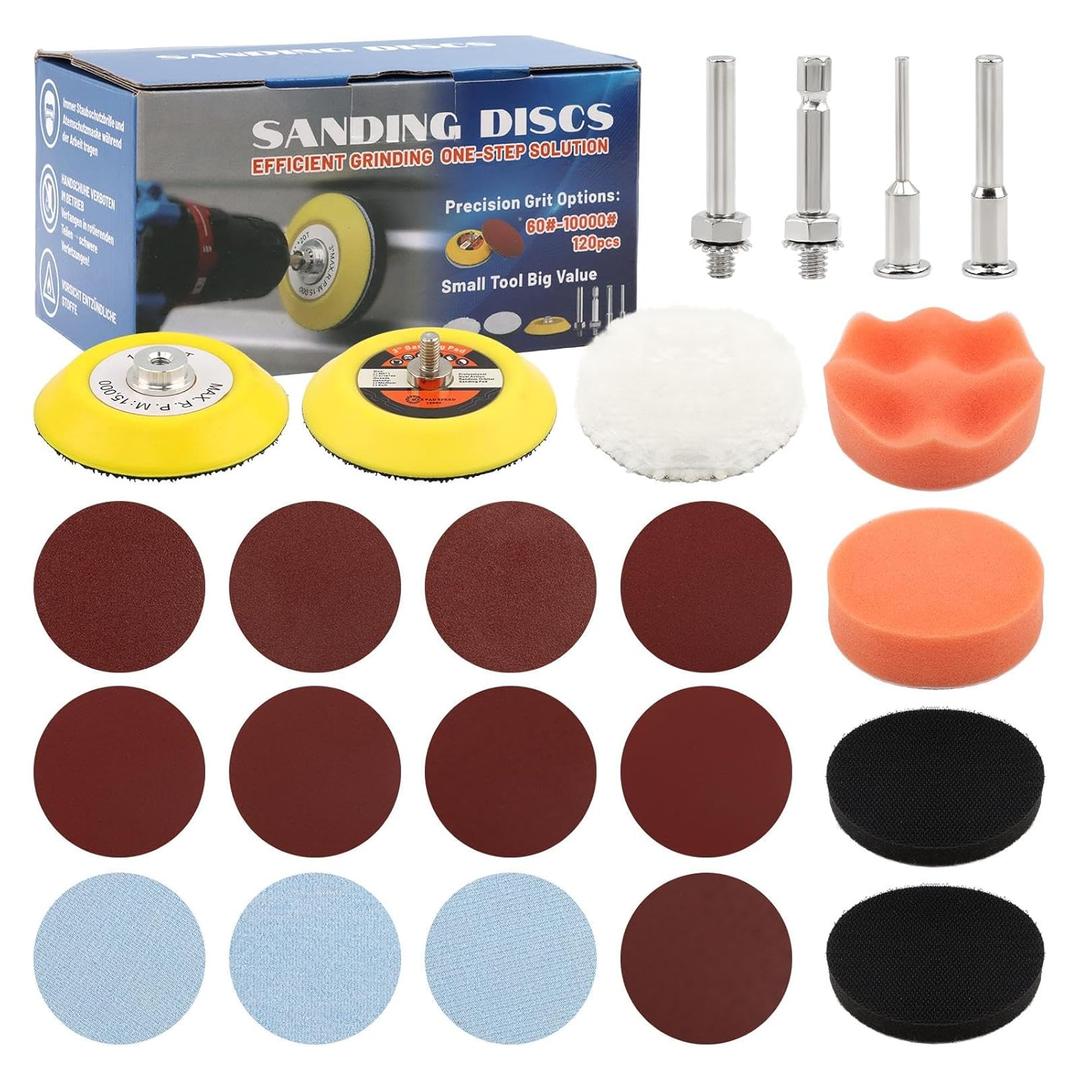 Sanding Disc Drill Polishing Kit Sanding Attachment, 120 pcs 3 Inch Wet Dry Sandpaper Grit 60 to 10000 with Shafts Sanding-Pads Foam Buffering Pad for Car Metal Wood Glass Resin(Color:Mixed Colors)