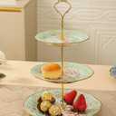 CHANJOON 3 Tier Ceramic Vintage Cake Stand with Beautiful Classic Rose Pattern, Food Rack for Displaying Cake Platter (Green)