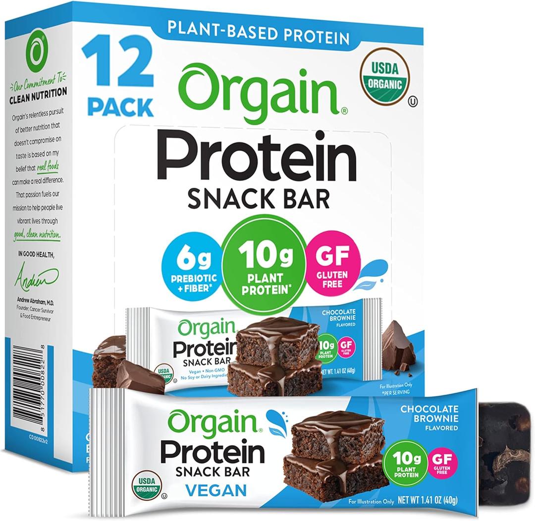 Orgain Organic Vegan Protein Bars, Chocolate Brownie - 10g Plant Based Protein, Low Calorie Healthy Snacks, No Lactose or Soy Ingredients, Gluten Free, Non-GMO - 1.41 Oz (Pack of 12) (EXP 12/10/26)