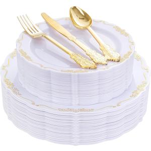 DaYammi 150Pcs White Gold Plastic Plates & Plastic Silverware, Gold Disposable Plates for Party Include 30 Dinner Plate, 30 Dessert Plate, 30 Knives, 30 Forks, 30 Spoons for Wedding