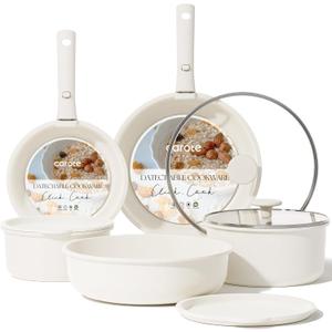CAROTE 11pcs Pots and Pans Set, Nonstick Cookware Detachable/Removable Handle, Induction RV Kitchen Set, Oven Safe, Cream White
