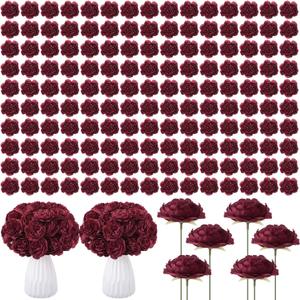 Thiccywoov 400 Pcs Flowers Long Stem Artificial Rose Bulk, 3.2 Inches Silk Rose Head Flowers Fake for Wedding Bridal Bouquet Independence Day Home Floral DIY Centerpieces Party Decoration (Burgundy)
