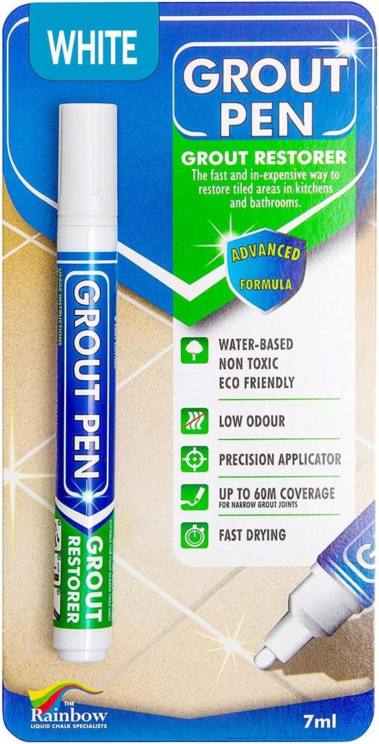 Grout Pen White Tile Paint Marker: Waterproof Grout Paint, Tile Grout Colorant and Sealer Pen - White, Narrow 5mm Tip (7mL)