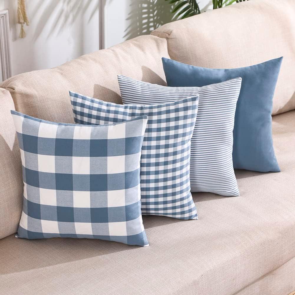 CARRIE HOME Light Blue Pillow Covers Farmhouse Plaid Throw Pillows 18x18 Set of 4 Spring Summer Blue Decorative Pillow Neutral Decor for Couch Sofa and Porch Chair, Gray Blue
