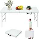 Portable 4Ft Folding Table, Heavy Duty Plastic Fold-in-Half Utility Foldable Table Small, Adjustable Height Plastic Folding Table with Carrying Handle for Camping & Party Indoor/Outdoor(White)