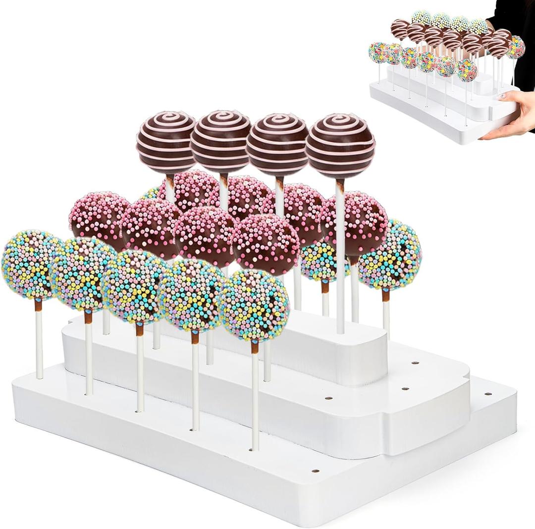 Wood Cake Pop Stand, 28 Holes Lollipop Hold Stand, 3 Tier Candy Pop Display Holder for Dessert Table, Treat Holder for Christmas Party Wedding Birthday, Fit 0.17" (4.5mm) Lollipop, White