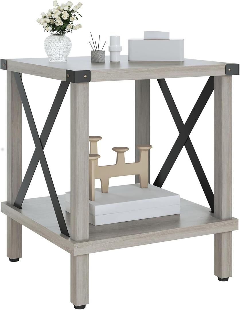 MMEOLUOOK Large End Table Farmhouse Side Table Industrial Style Sofa Table Metal X Accent Wood Coffee Table NightStand with Storage Shelf for Living Room Bedroom Oak Grey MLBZ16Z