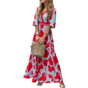 XNC Womens Summer Fall Cross V Neck Short Sleeve Party Long Dresses Red Boho Floral Flowy Split Cocktail Maxi Dress XL