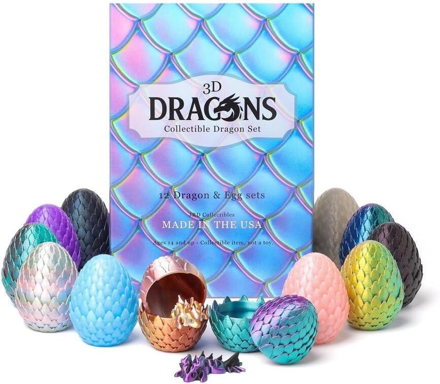 12-Piece Dragon Egg & Articulated Baby Dragon Collectible Set 3D-Printed PLA Display Eggs with Mini Dragons Vibrant Fantasy Colors Unique Gift & Dcor for Dragon Lovers