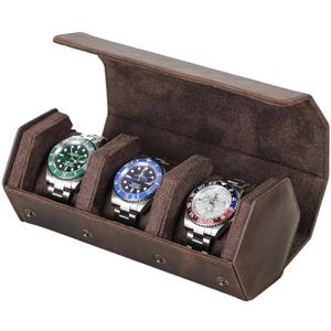 Genuine Leather Watch Roll Travel Case, Vintage Full Grain Leather Hexagon Watches Storage Organizer with Display Removable Pillows & Solid Dividers for Home Storage &Display(3 Slots)