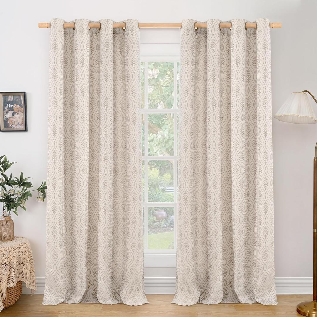BGment Camel Curtains for Living Room 96 Inches Long, Natural French Country Curtains Sheer Linen Grommet Window Drapes Boho Leaf Jacquard Patterned for Farmhouse Bedroom, 2 Panels Set, 52 x 96 Inch