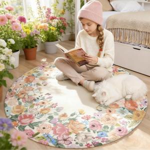 Wonnitar Washable 4ft Round Area Rug, Camellia Floral Living Room Rugs for Bedroom Girls, Low Pile Soft Flower Throw Carpet for Kids Nursery Room (Beige,4ft Round)
