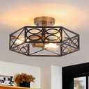 Industrial Semi Flush Mount Ceiling Light Fixture, Retro Gold Close to Ceiling Light with Black Metal Hexagon Cage, Vintage Farmhouse 3-Light Ceiling Lamp for Kitchen, Hallway, Bathroom